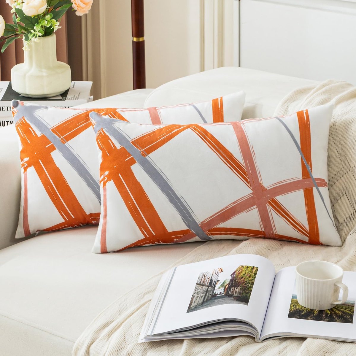 SnelShoppen - Set van 2 Kussenhoezen 30x50 cm Oranje Grijs Geometrisch Velvet voor Sofa Bed Slaapkamer Woonkamer Decoratie
