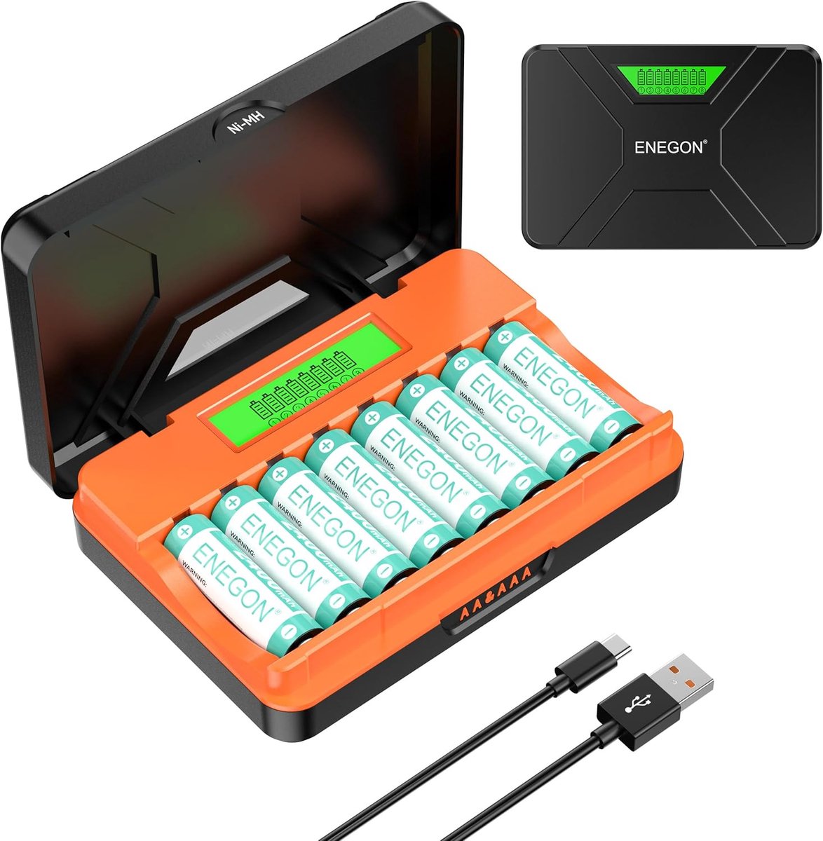 SnelShoppen - Snellader met 8 Sleuven en LCD-Display voor AA/AAA Batterijen + 8 AA Ni-MH 2400 mAh Batterijen, USB-C Oplaadstation voor Muis, Speelgoed