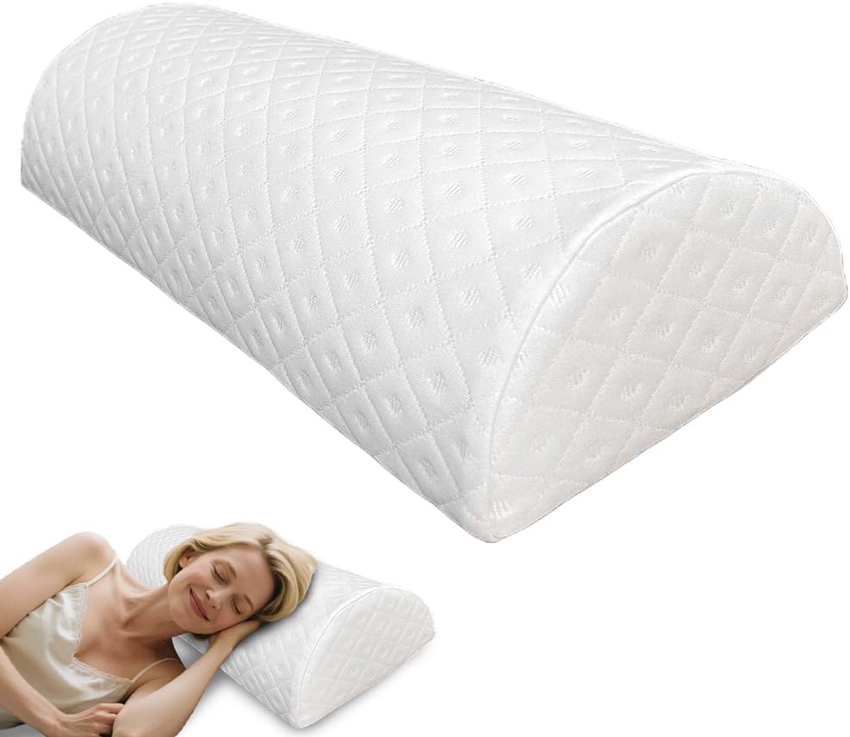 SnelShoppen - FARYODI Kniekussen voor Zijslapers, Halfrond Geheugenfoam Ondersteuning voor Nek, Knieën en Rug, 50 x 20 x 10 cm, Wit, Comfortabel en On