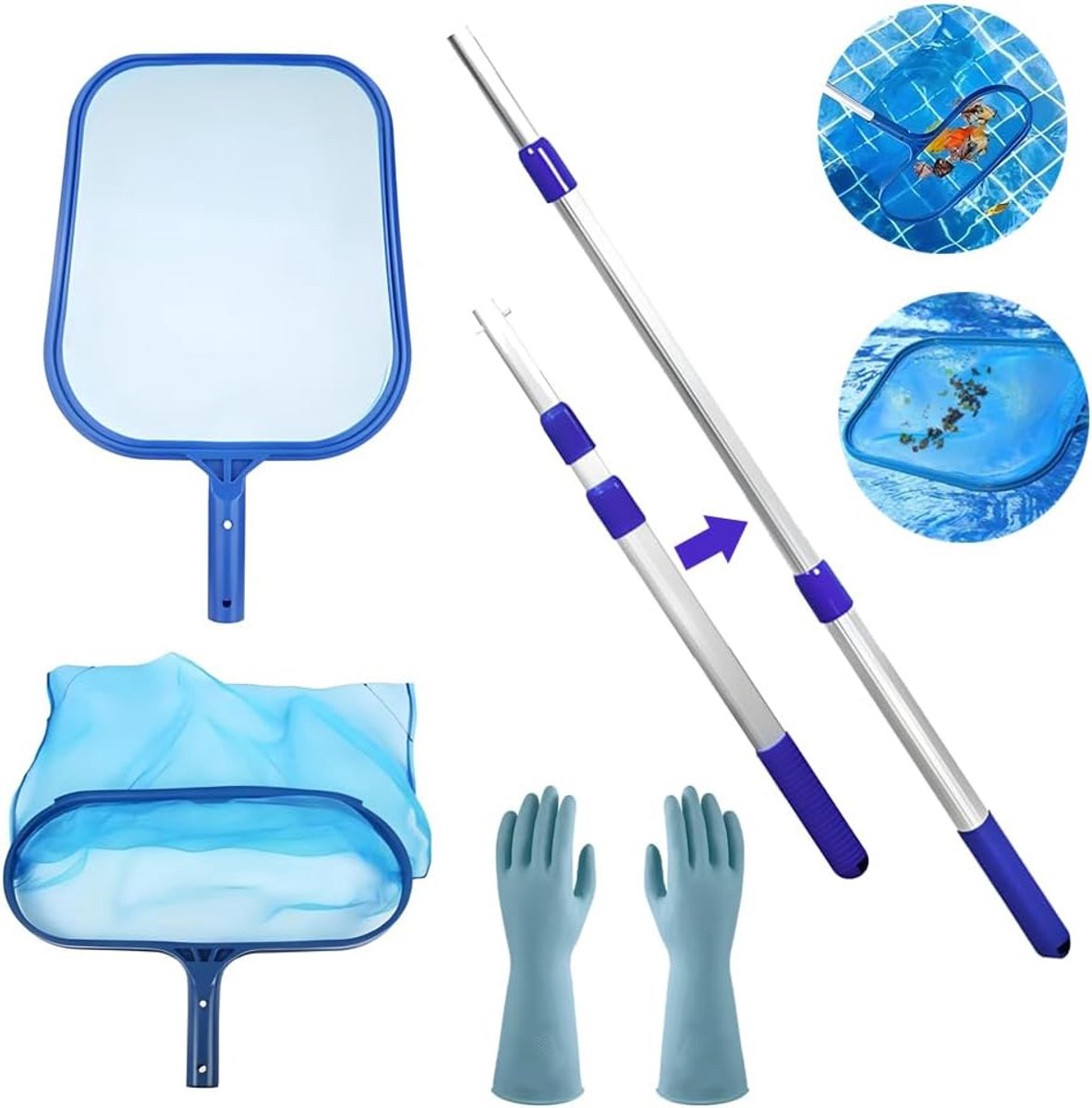 SnelShoppen - Pool Reinigingsset met Telescopische Steel, 34 cm Diepe Net, Schoonmaakhandschoenen - Perfect voor Zwembad, Vijver, Spa, Aquarium, Paddl