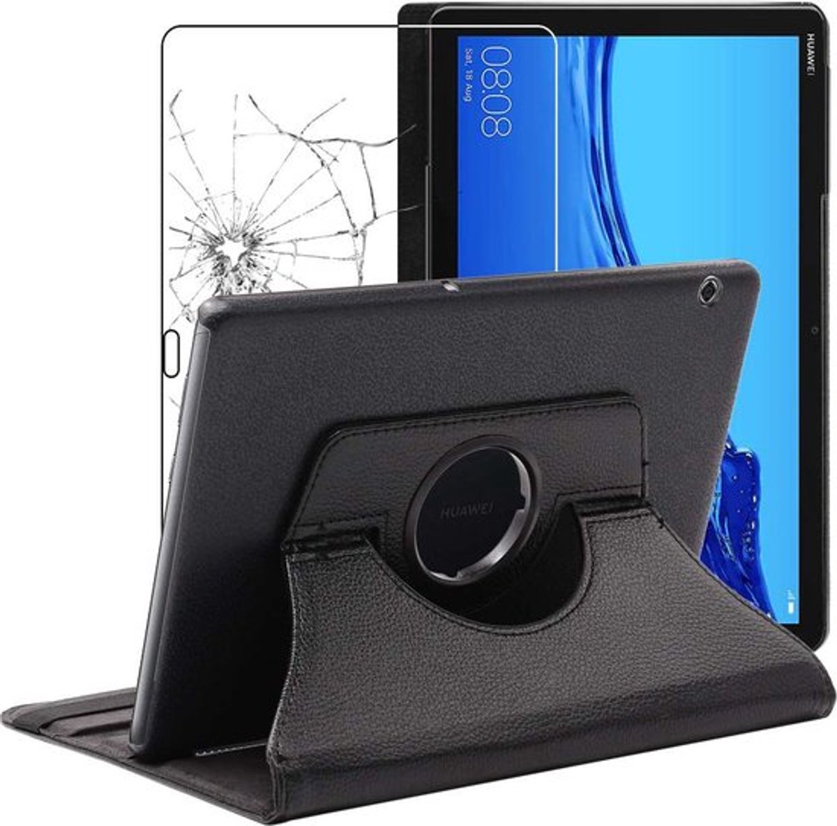 ebestStar - Hoes geschikt voor Huawei MediaPad T5 10.1, Roterende Etui, Case, 360° Draaibaar hoesje, Zwart + Gehard Glas