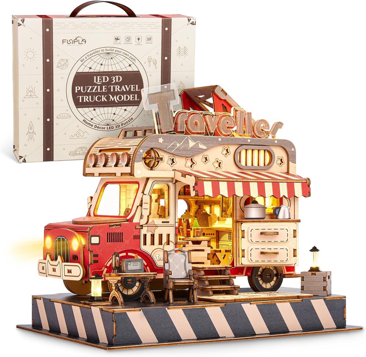 SnelShoppen - 3D Houten Puzzel Reis Truck met LED Sfeerverlichting – Decoratief Model voor Volwassenen en Tieners 14+ – Retro Design voor Thuis of Kan