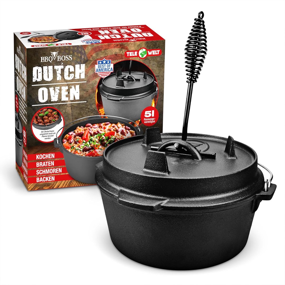 SnelShoppen - BBQ BOSS Dutch Oven 5L - Gietijzeren Pot - Stew Pot voor BBQ, Open Vuur, Oven - Robuust en Veelzijdig - Inclusief Deksel en Lifter