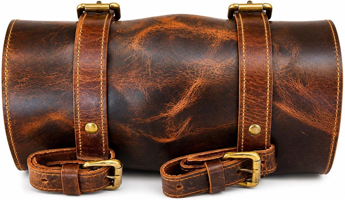 SnelShoppen - Vintage Leer Handvat Fietstas - American Blue Buffalo Leer - 24.6x9.5x7.5 cm - Ideaal voor Motorfiets, Fiets, Reizen, Accessoires en Ger