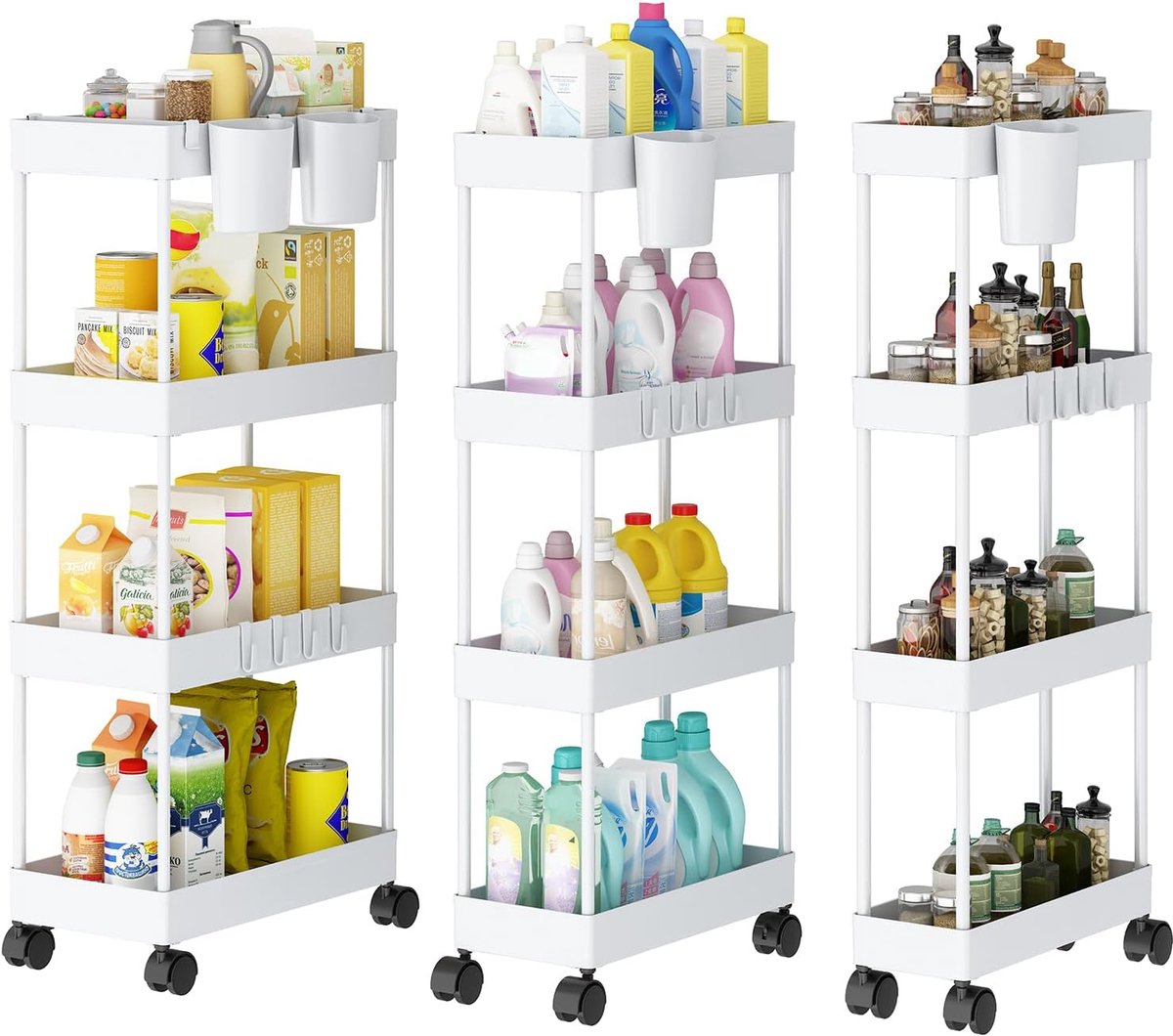 SnelShoppen - 3 Extra Smalle Keuken Trolley op Wielen - 4 Niveaus Mobiele Lichtgewicht Carts Organizer voor Speelgoed, Badkamer, Keuken (Wit)