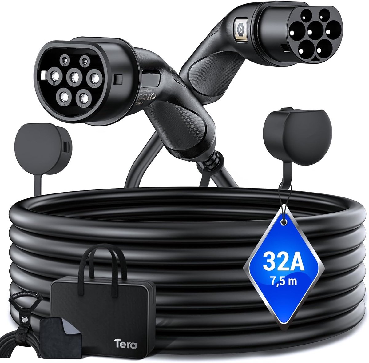 SnelShoppen - Tera Oplaadkabel Type 2, 22 kW, 32 A, 7.5 m, 3 Fases, IP55, CE en TÜV Goedgekeurd Snelladen Kabel voor Elektrische Auto, Zwart