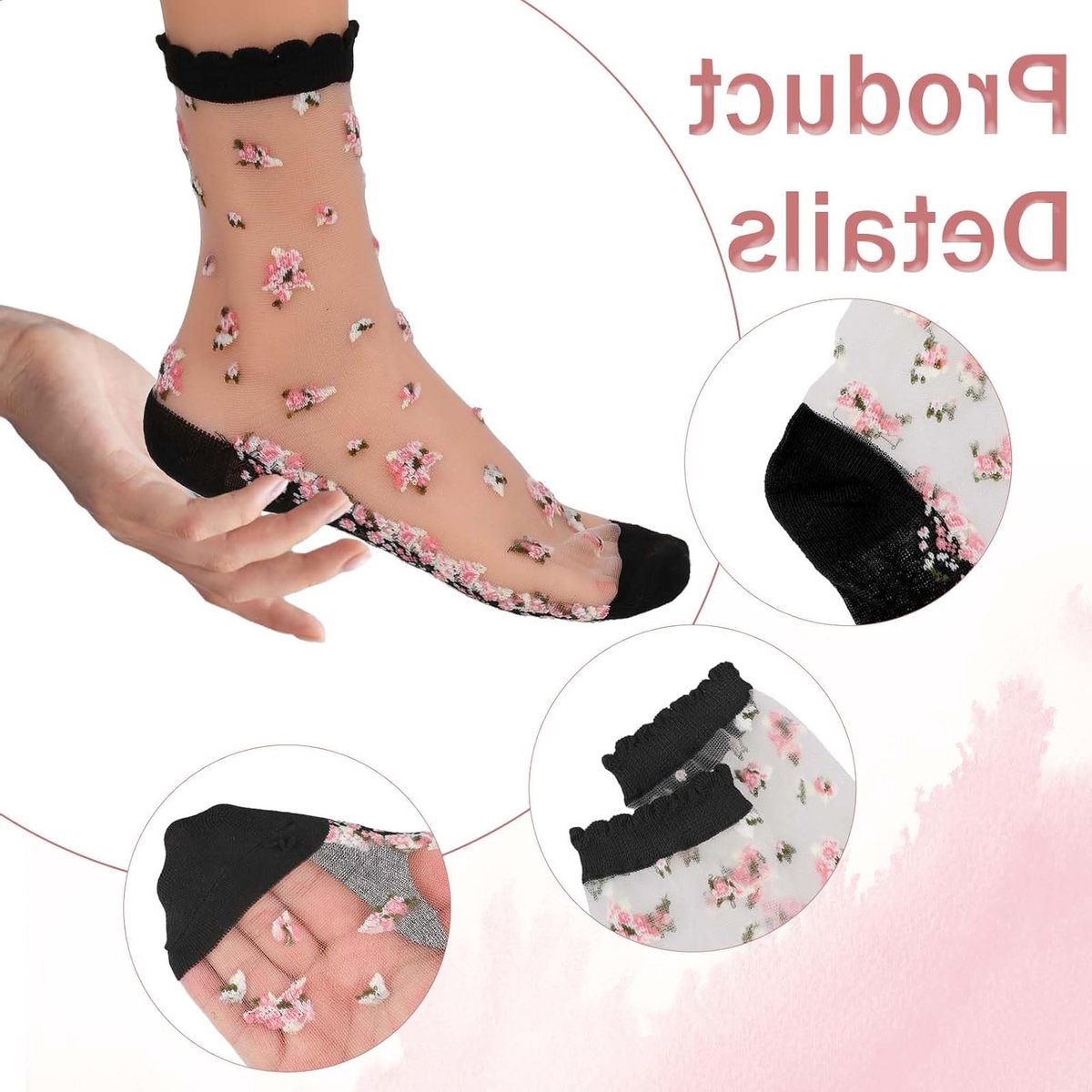 4 Paar Transparante Kousen met Kant en Bloemenpatroon voor Dames - Elegante Enkelkousen voor Meisjes, Maat 36