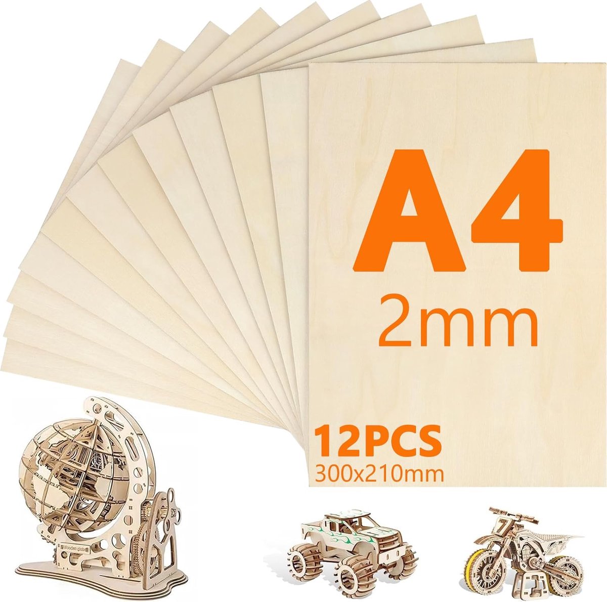 SnelShoppen - 12 Stuks A4 Plywood Platen 300x210x2mm, Dunne Houten Borden voor Creatief Klussen, Geschikt voor Modelbouw, Laser Snijden en Vuurverf