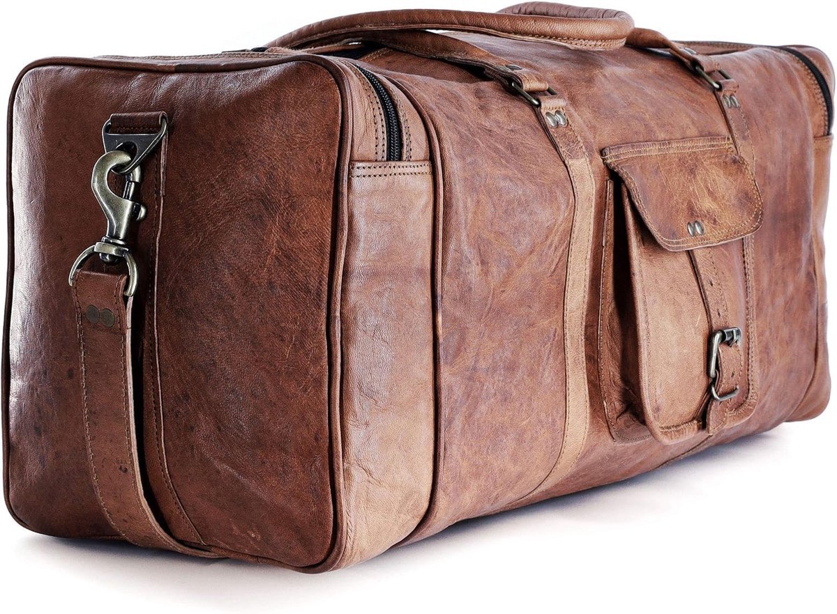 SnelShoppen - Genuine Leather Travel Duffle Bag - Vintage Holdall - Handgemaakte Duffel Koffer - 24 inch - Bruin - Sport, Reizen, Gym, Weekend