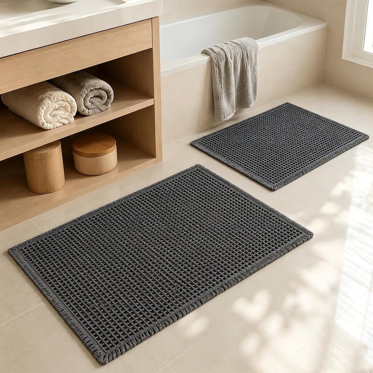 SnelShoppen - Badkamertapijt 2-delig, wasbare badmat set, antislip douchemat, absorberend microvezel, donkergrijs voor badkamer, douche, toilet, zacht