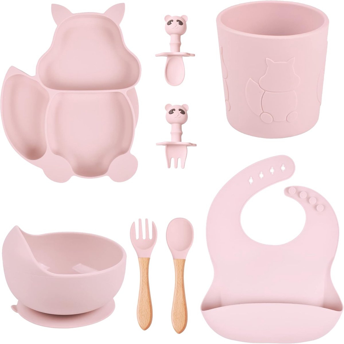 SnelShoppen - Silicone Baby Meal Set 8-delig met Zuignap Bord, Verstelbare Slab, Antislip Kom en Bestek voor Baby's, Geboorte Geschenk, Kinderen, Keuk