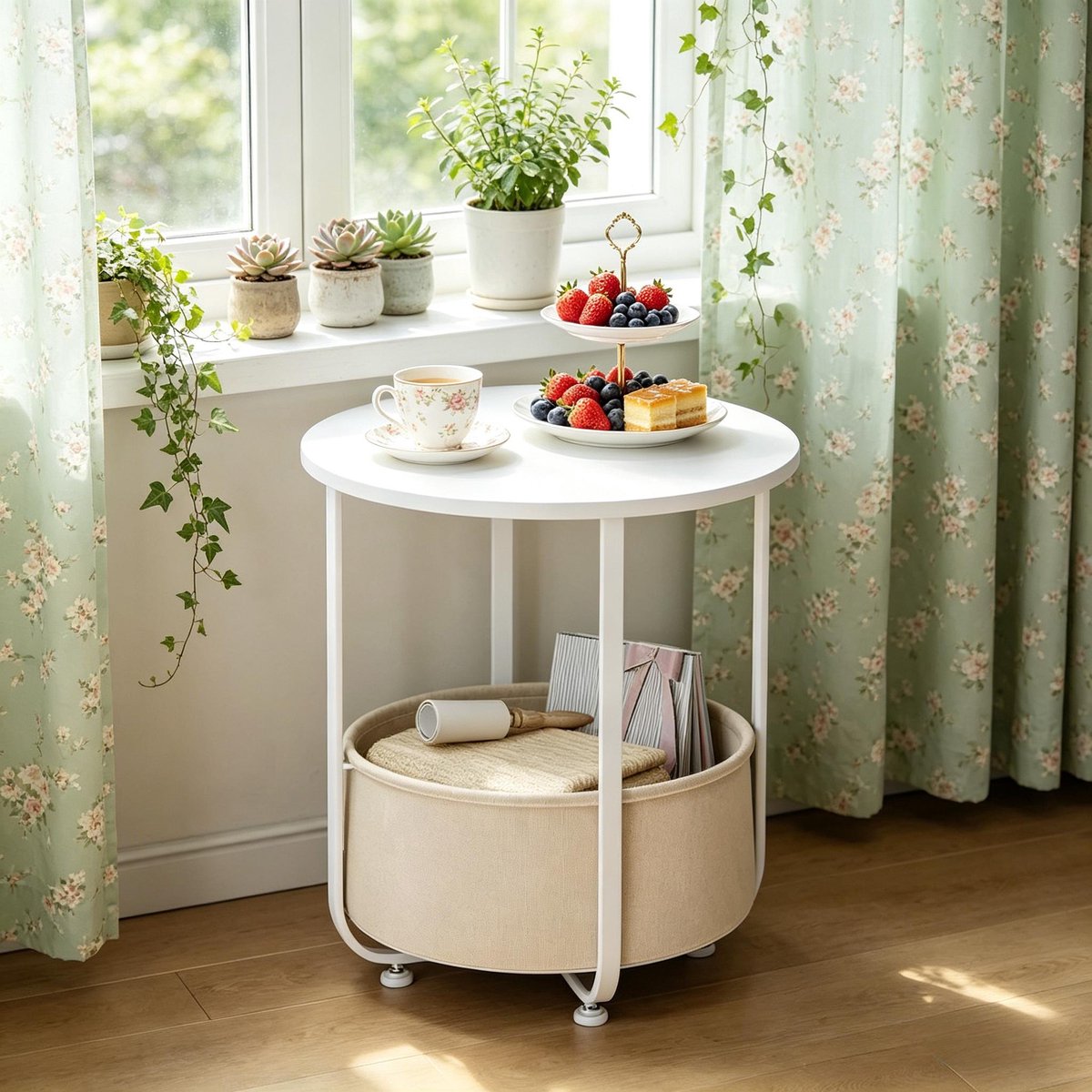 MODENUIT Salontafel - Ronde Tafel Met Opbergmand - Voor Woonkamer Of Slaapkamer - Wit - 45x45x50 Cm