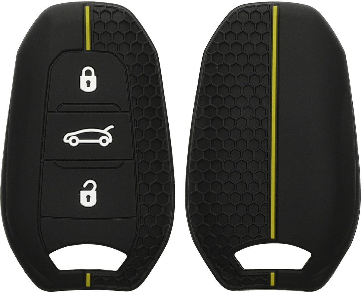 kwmobile autosleutel hoesje geschikt voor Peugeot Citroen 3-knops Smartkey autosleutel (alleen Keyless Go) hoes - Siliconen autosleutel behuizing - Auto sleutel case met honingraat - Sleuteletui in zwart / geel