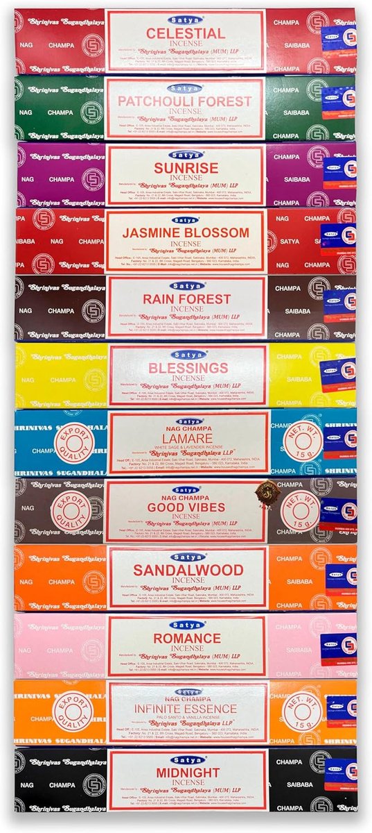 SnelShoppen - Satya Nag Champa Wierook Set van 12 Geuren - Limited Edition - Inclusief 2 Exclusieve Geuren - 180g Handgemaakte Wierook voor Ontspannin