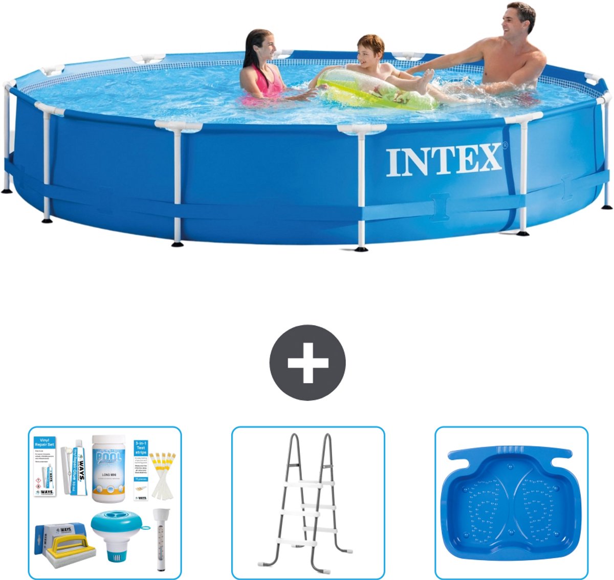 Intex Rond Frame Zwembad - 366 x 76 cm - Blauw - Inclusief Onderhoudspakket - Ladder - Voetenbad - 4-delig