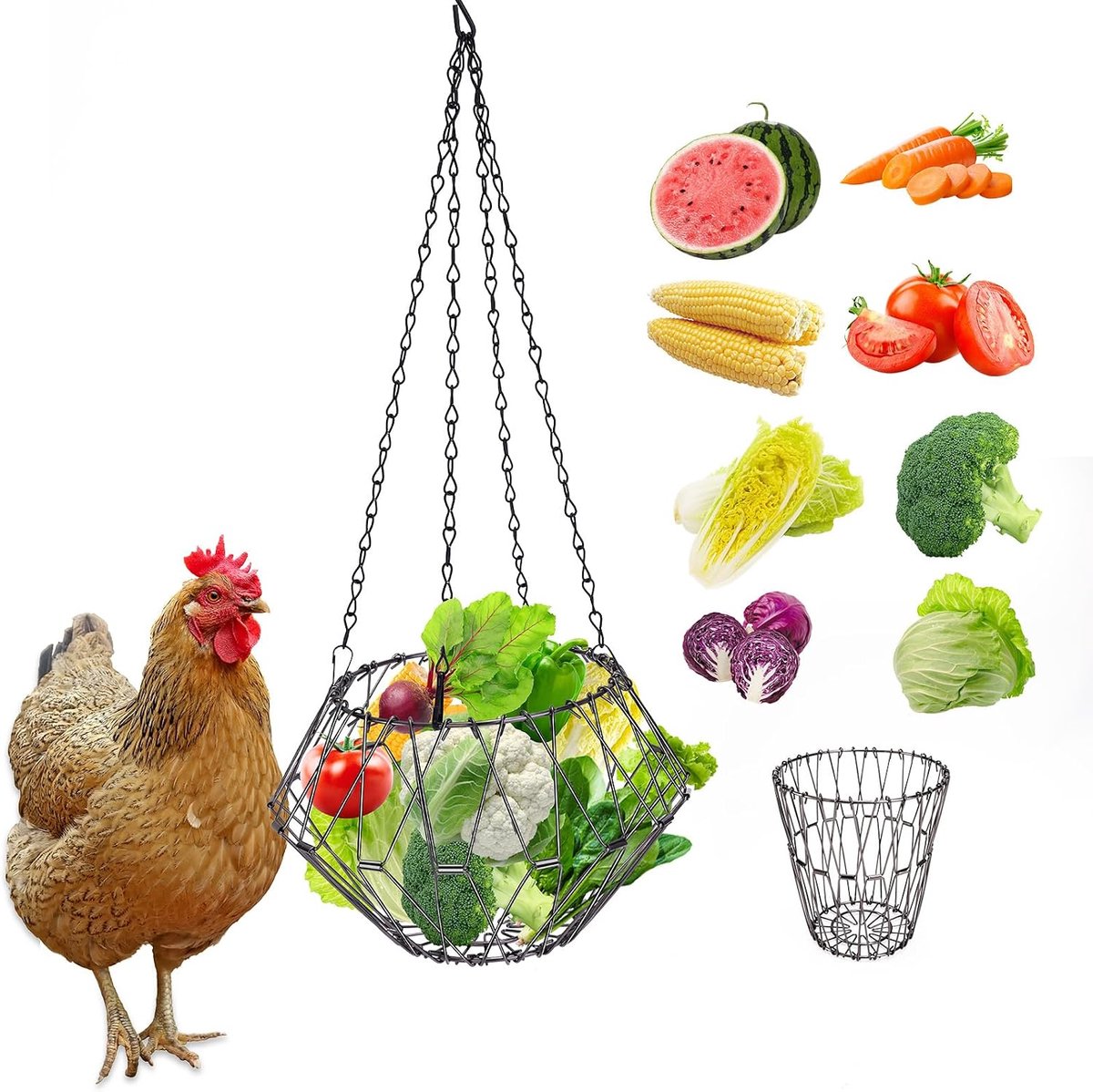 SnelShoppen - Hanging Chicken Feeder Accessoires, Opvouwbare 16.5 cm Grote Voedermand voor Pluimvee, Groenten en Fruit met Kettingen voor Ophangen, Bo