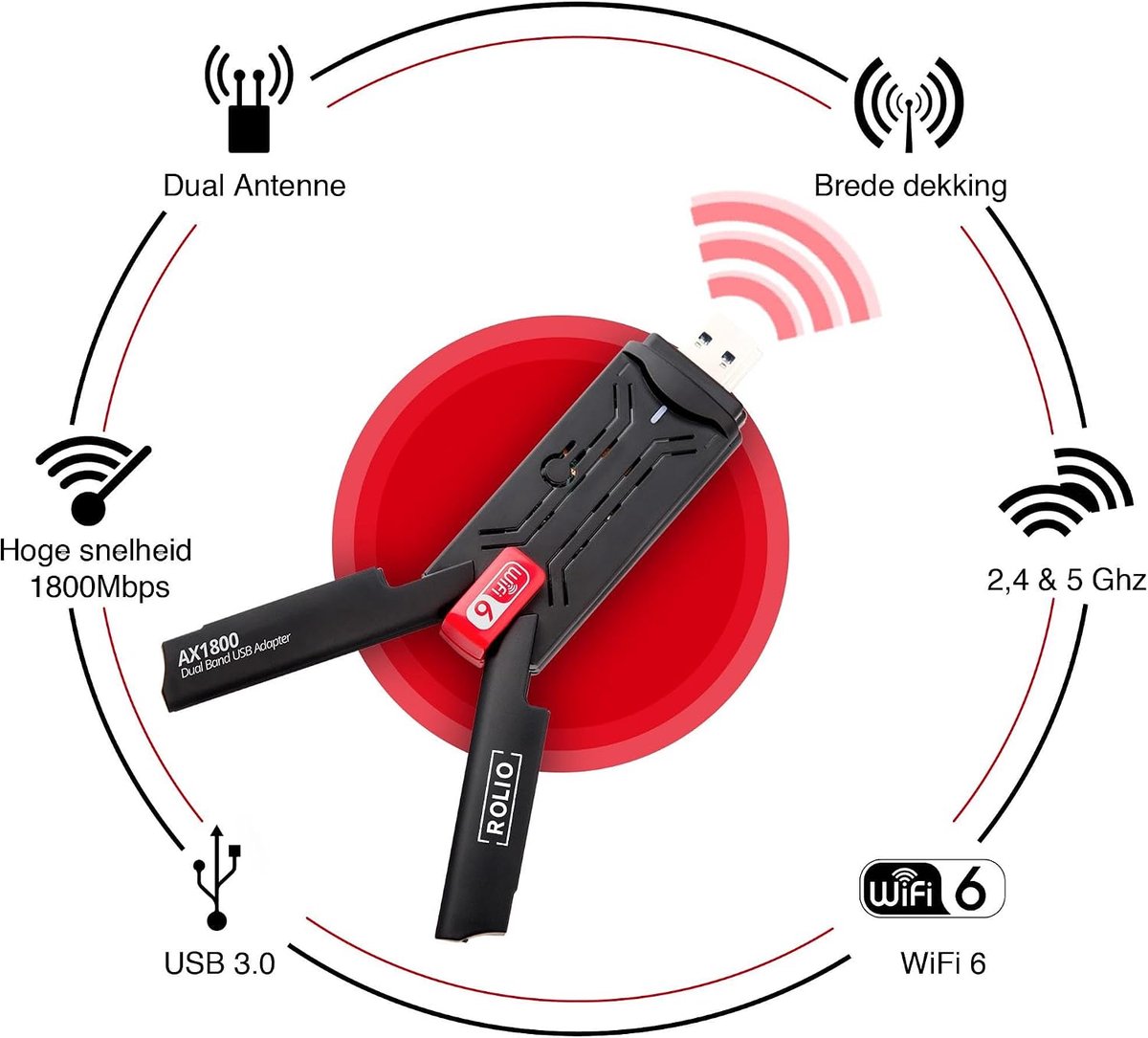 SnelShoppen - WiFi Adapter USB - 1800Mbps - WiFi 6 - Dual Antenne voor Supersnel Draadloos Internet op Windows en Linux Laptops en Computers