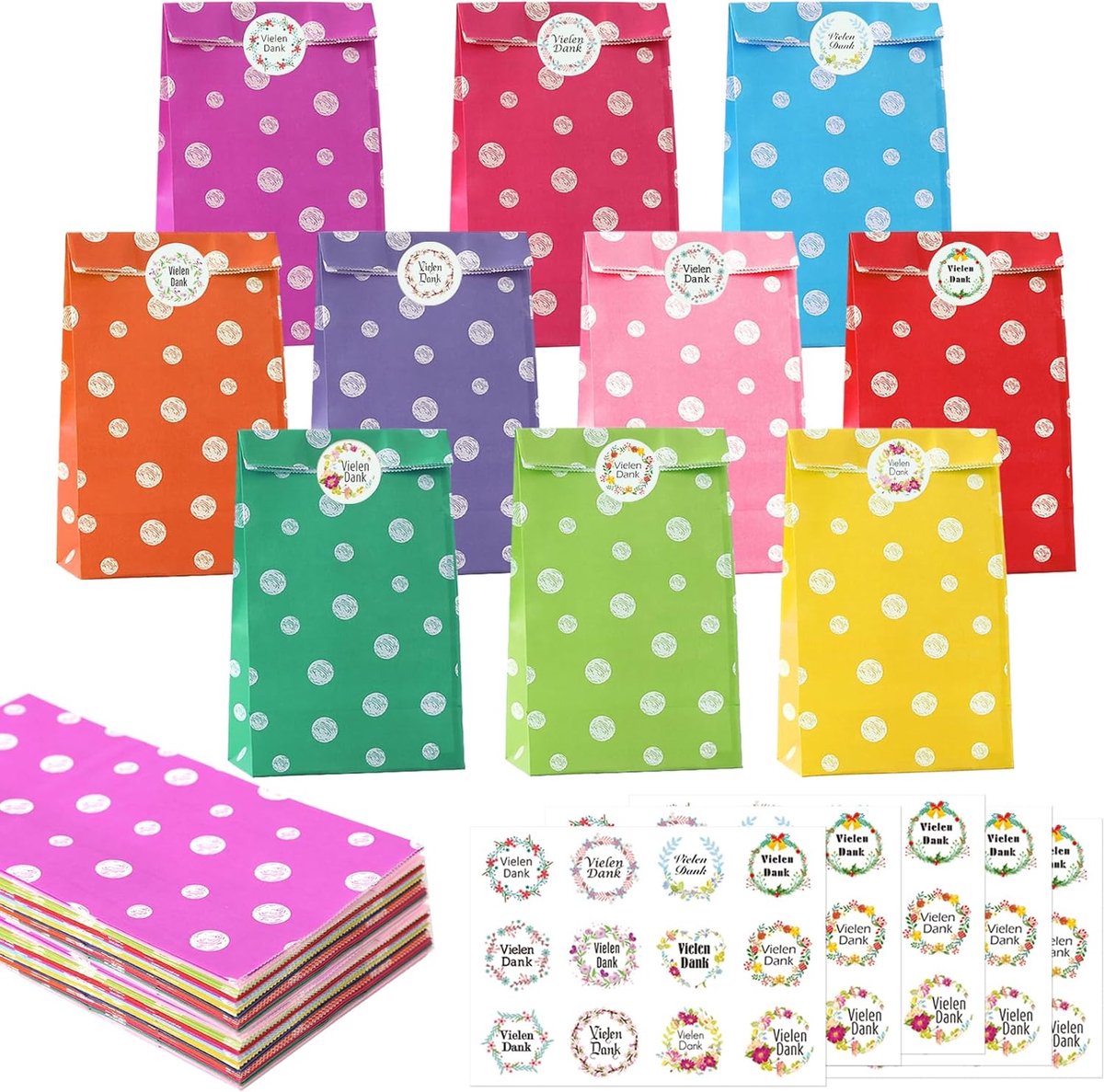 SnelShoppen - 50 Kleurrijke Cadeautassen met 60 Stickers (Duits) - Kraft Papieren Tassen 22x12x7cm voor Kinderfeestjes, Verjaardagen, Feesten en Huwel