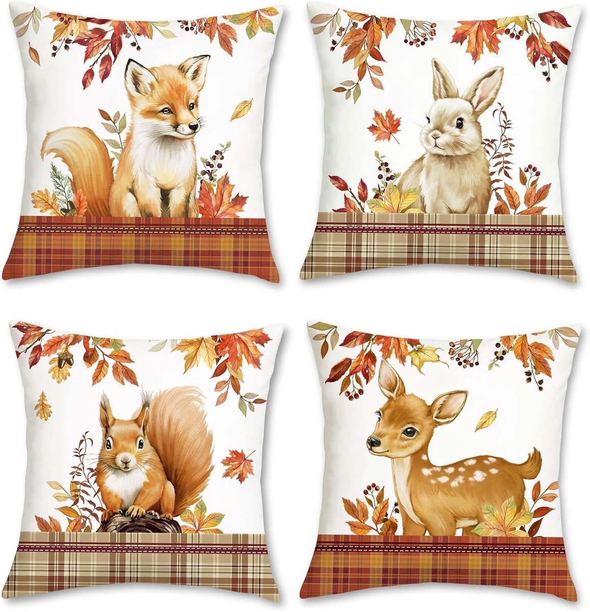 SnelShoppen - Decoratieve Dieren Kussenhoezen 45x45cm Set van 4 - Zachte Velvet Kussencovers met Vos, Hert, Eekhoorn en Konijn - Perfect voor Sofa, Sl