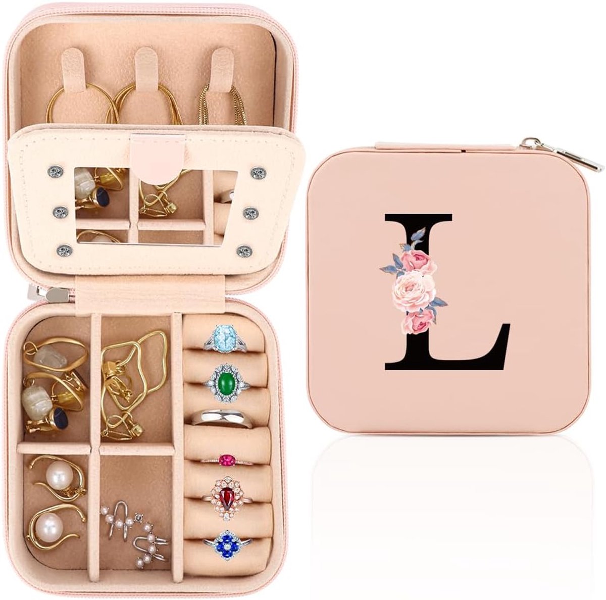SnelShoppen - Travel Sieraden Doosje, Gepersonaliseerd Compact Sieraden Box met Spiegel, Kleine Sieraden Box voor Meisjes en Vrouwen, Perfect Cadeau v