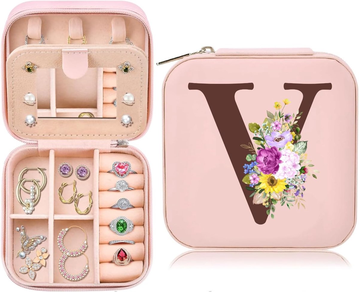 SnelShoppen - Travel Jewellery Box Small met Initialen V en Bloem, PU Leder Mini Sieradenopberger voor Vrouwen, Compacte Reis Sieradenbox, Cadeau voor