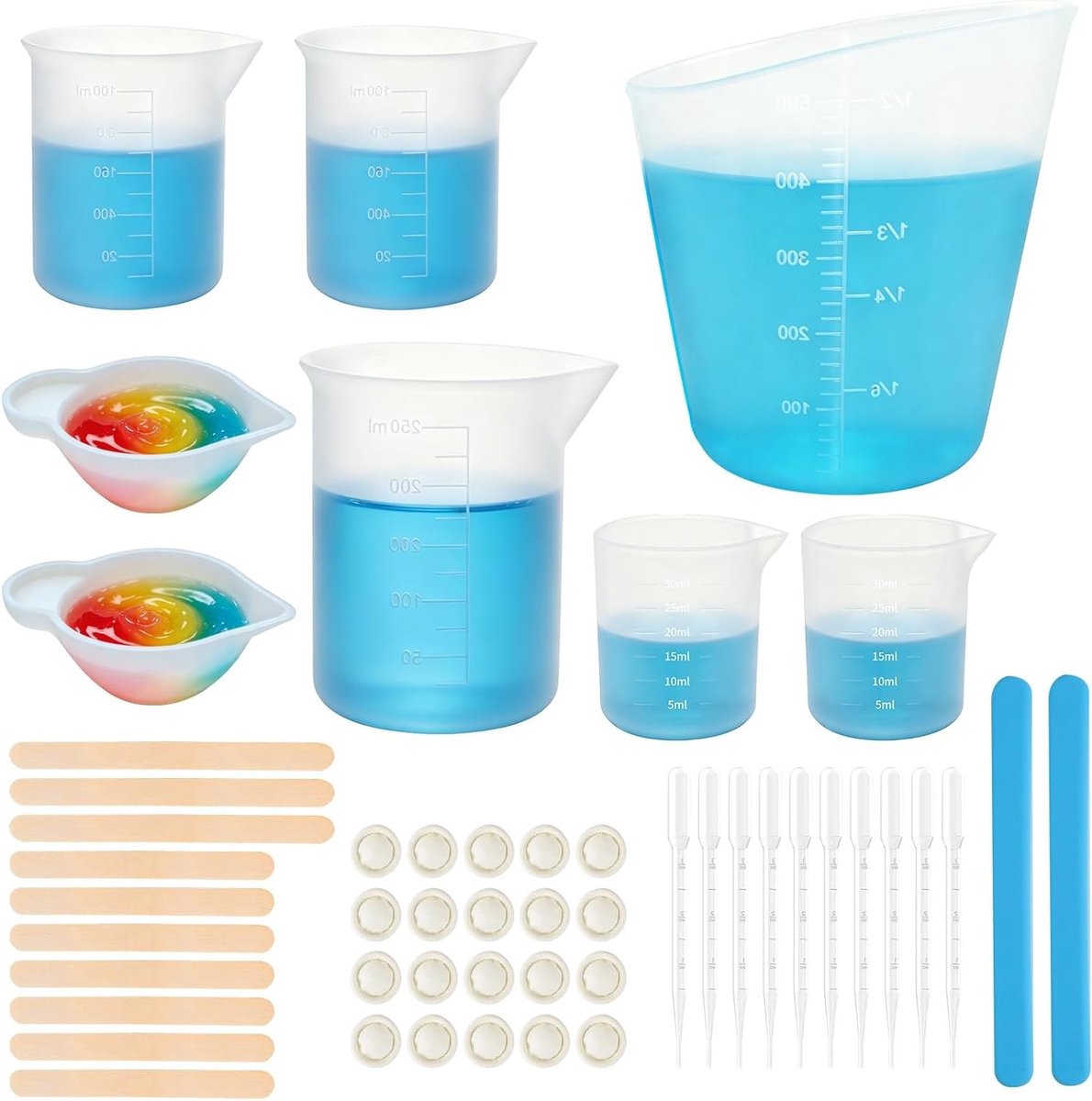 Set van 8 herbruikbare siliconen maatbekers met schaal, 500 ml, 250 ml, 100 ml en 30 ml voor epoxyhars en DIY-projecten, ideaal voor laboratoriumgebruik en creatief knutselen