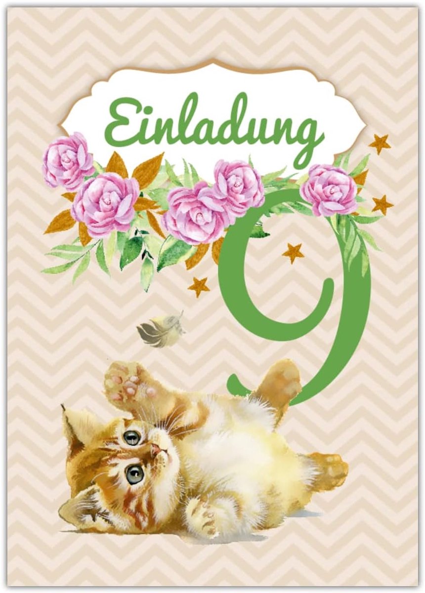 SnelShoppen - 12 Uitnodigingskaarten 9de Verjaardag Meisje Kat - Kinderfeest - 10.5x14.8 cm - Voorgevulde Velden - Hoogwaardige 300 g/m² - Duits Produ