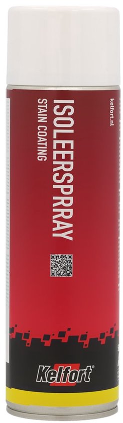 Kelfort isolerende spuitbus 500 ml met rood, zwart en geel label. Website kelfort.nl.