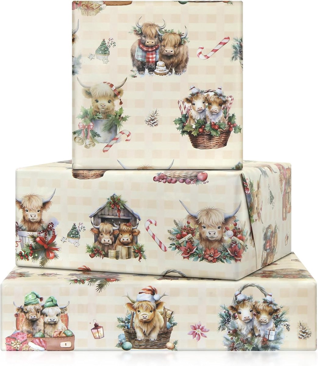 SnelShoppen - Kerst Yak Hooglander Cadeaupapier - 4 Vellen 50x70cm - Bloemen Motief - Perfect voor Verjaardag, Trouwerij, Feestdagen en Babyshower
