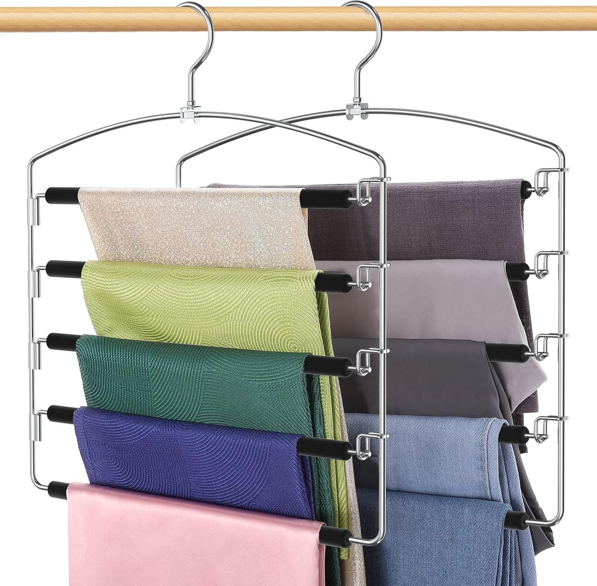 Thijox - 360 Graden Draaibare Broekhangers met 5 Niveaus, Antislip Schuimvulling, 2 Stuks, Zwart, Ideaal voor Jeans, Sjaals en Stropdassen, Kastorgani
