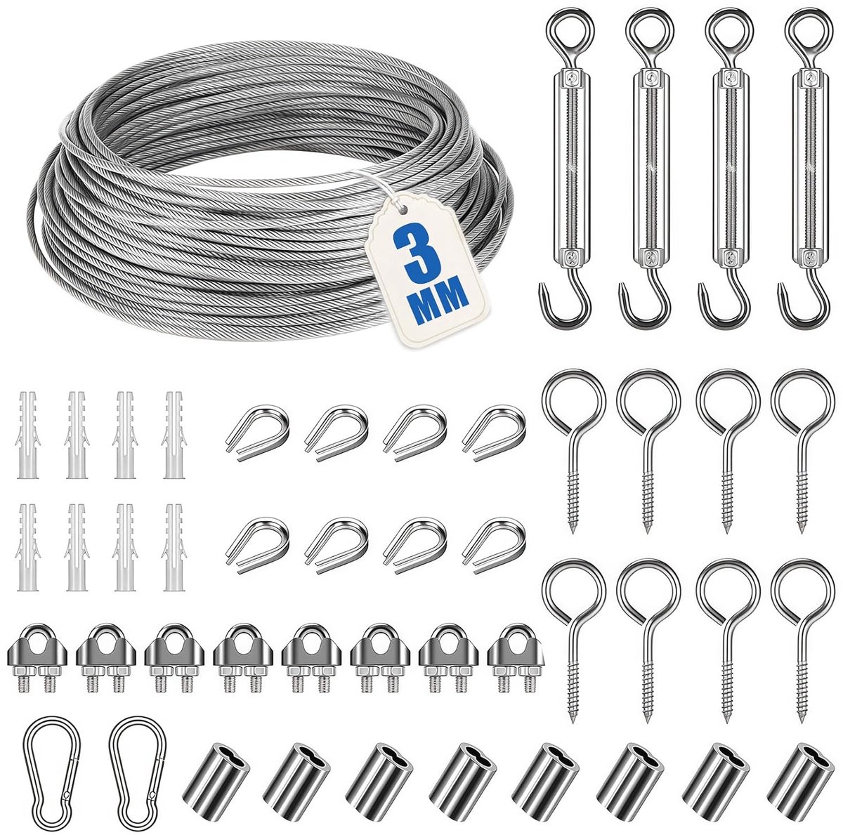 SnelShoppen - 47-delige Rvs Staal Kabel Set 20m x 3mm, 304 Roestvrij Staal Tension Kabel voor Kledinglijnen, Tuin, Verlichting, Planten, Schuttingen e