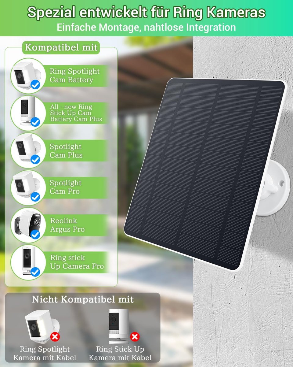 SnelShoppen - 5W Zonnepaneel voor Camera, IP65 Waterdicht, 360° Verstelbaar, Duurzaam en Efficiënt Zonnepaneel voor Bewaking, Perfect voor Ring Stick