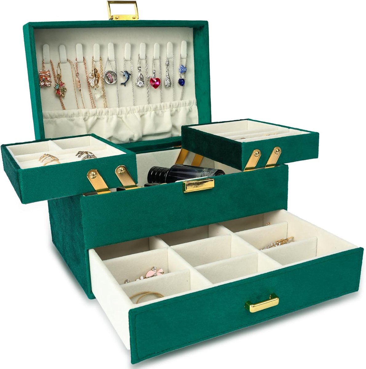 SnelShoppen - Dajasan Vrouwen Sieraden Box Organiser 3 Laags Groot met 1 Lades Velours Sieradenbox Voor Ringen, Halskettingen, Oorbellen, Horloges (Gr