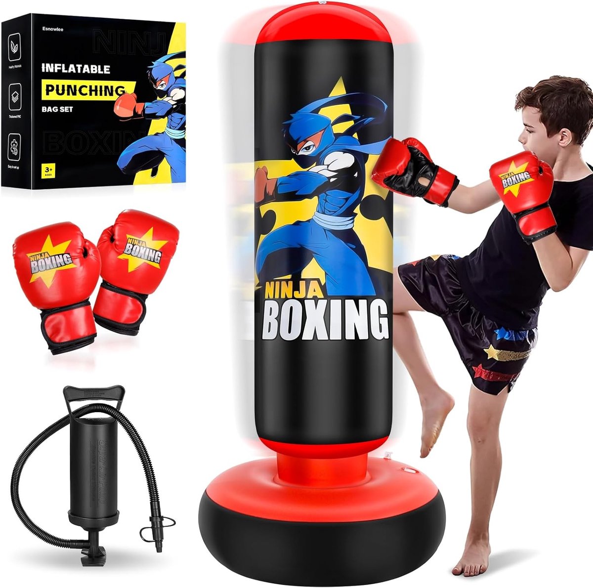 SnelShoppen - Inflatable Punching Bag voor Kinderen 66 Inch - Grote Boksbal met Handschoenen - Perfect voor Karate en Taekwondo Training - Voor Jongen