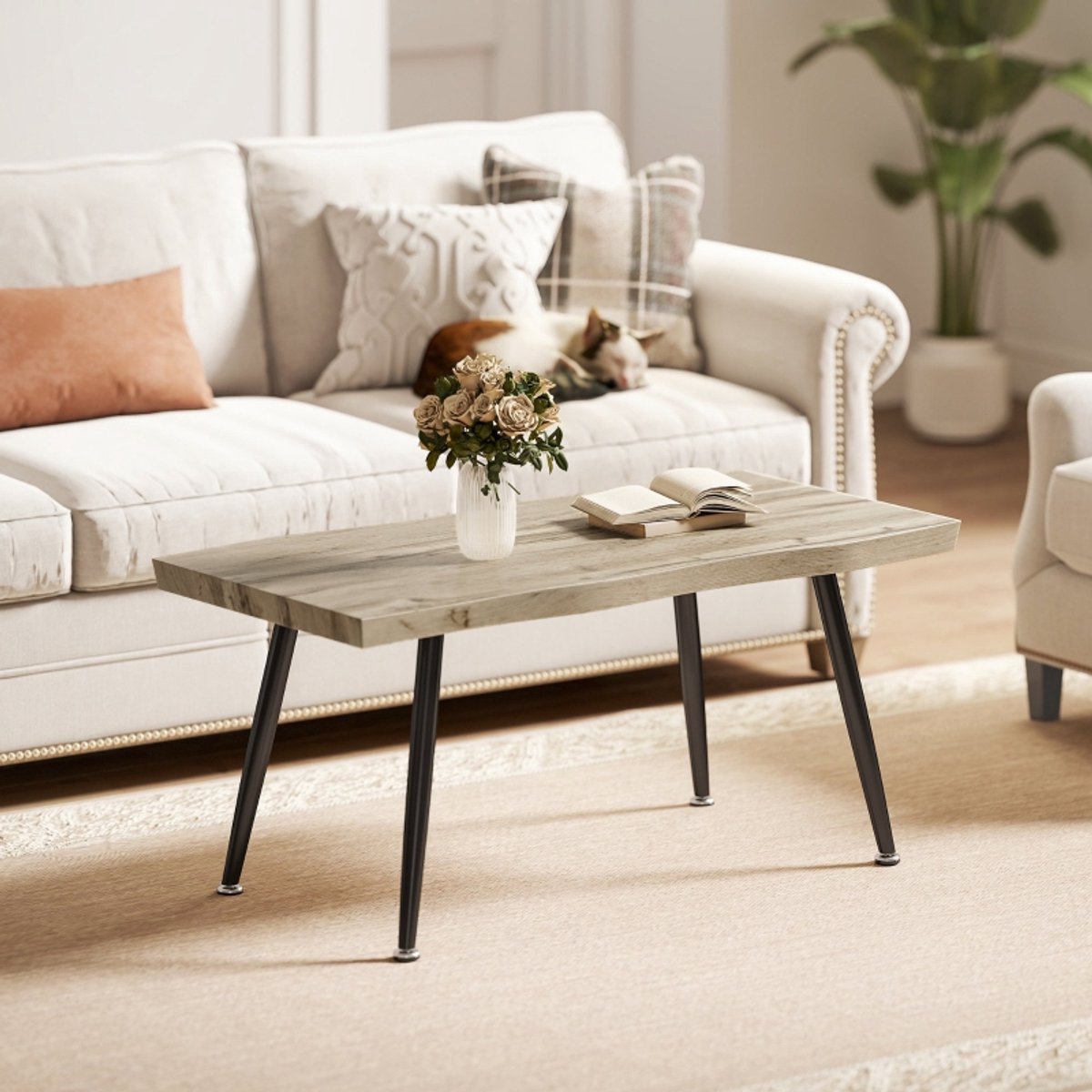 COVREO Salontafel 100x50x45 cm - eikenlook, zwarte stalen poten, 4 cm dik tafelblad