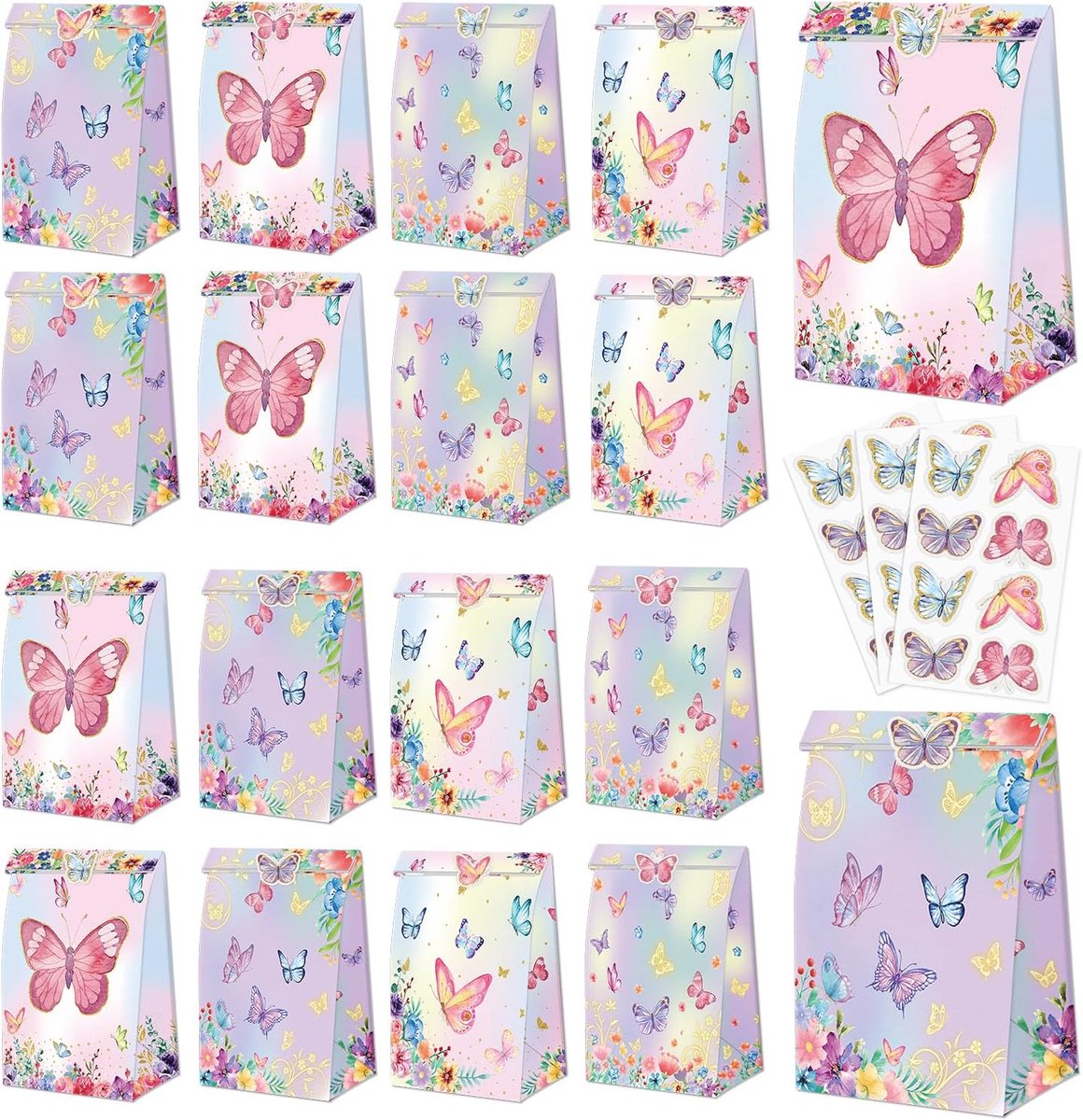 SnelShoppen - Butterfly Party Gift Bags - 20 Pcs Kleurvolle Goodie Bags met Vlinder Stickers - Papieren Feestzakken voor Kinderen - Perfect voor Verja