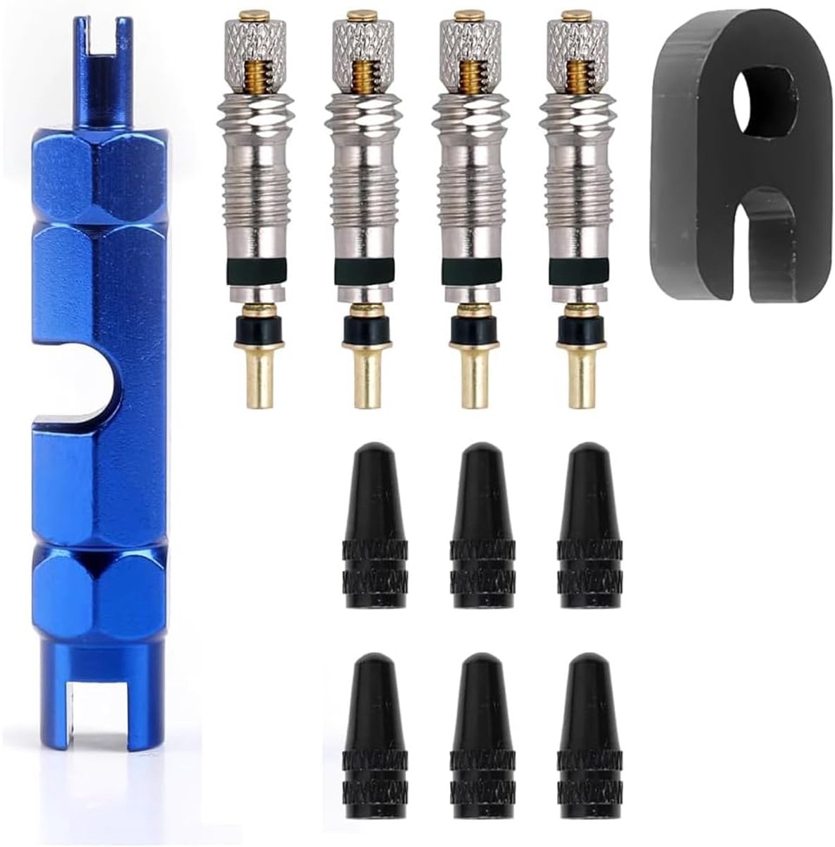 SnelShoppen - Uitgebreide Fietsventiel Reparatieset Presta Sclaverand - 6 Ventielinzetstukken, 4 Ventieldoppen, Franse Ventieladapter, Blauw Montagege