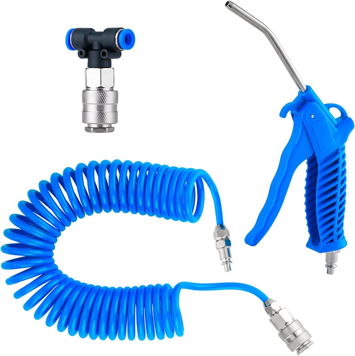 SnelShoppen - Air Blow Gun met 5m Recoil Hose - Professionele Schoonmaaktool voor Auto's en Vrachtwagens - Stevige Luchtdrukreiniging met Stalen Nozzl