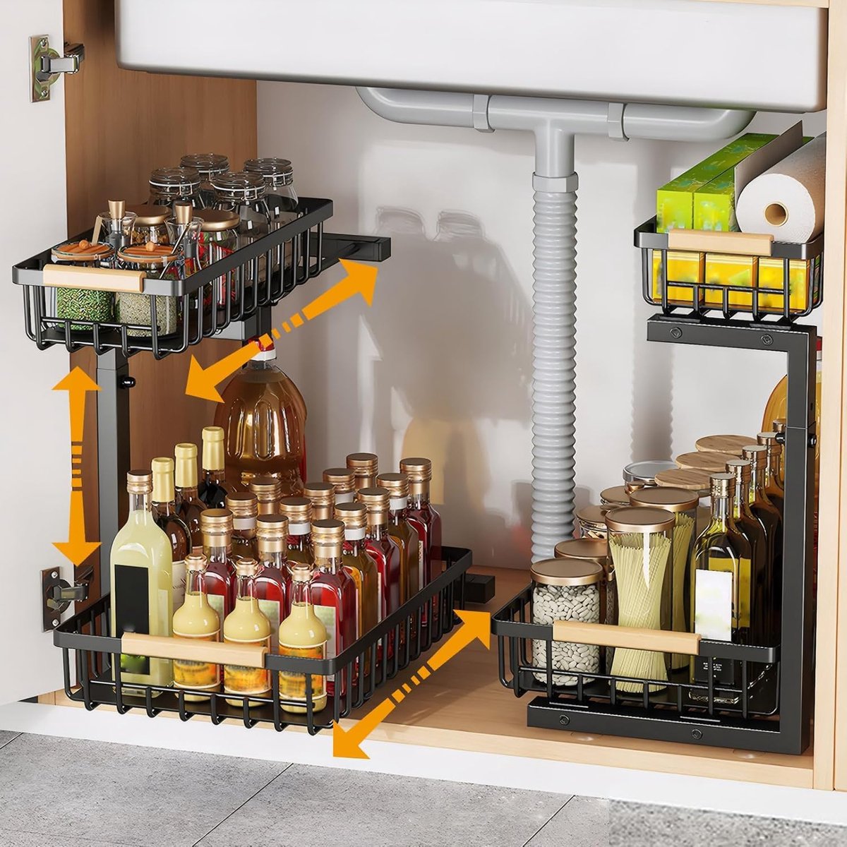 SnelShoppen - L-vormige Keukenorganiser met 2 Niveaus, Uittrekbare Onderkast voor Keuken, Carbon Staal, Zwart, Ideaal voor Onder de Wasbak