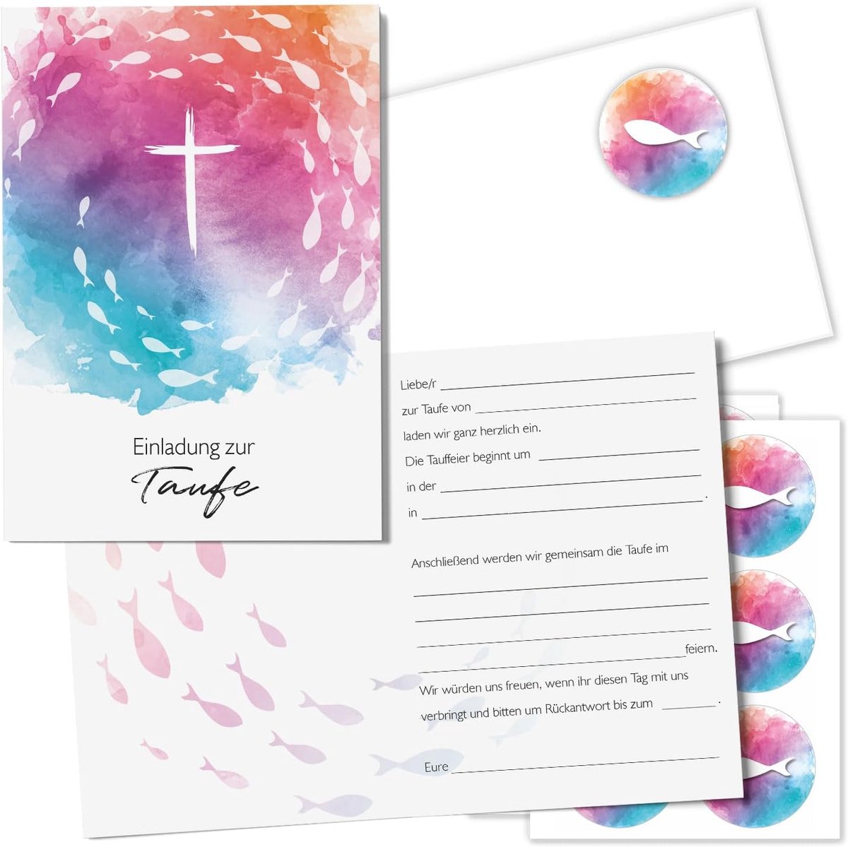 SnelShoppen - Set van 15 Christening Uitnodigingen Kaarten DIN A6 met Kleurvolle Kruis, Inclusief Enveloppen en Stickers voor Decoratie, 10.5 x 14.8 c