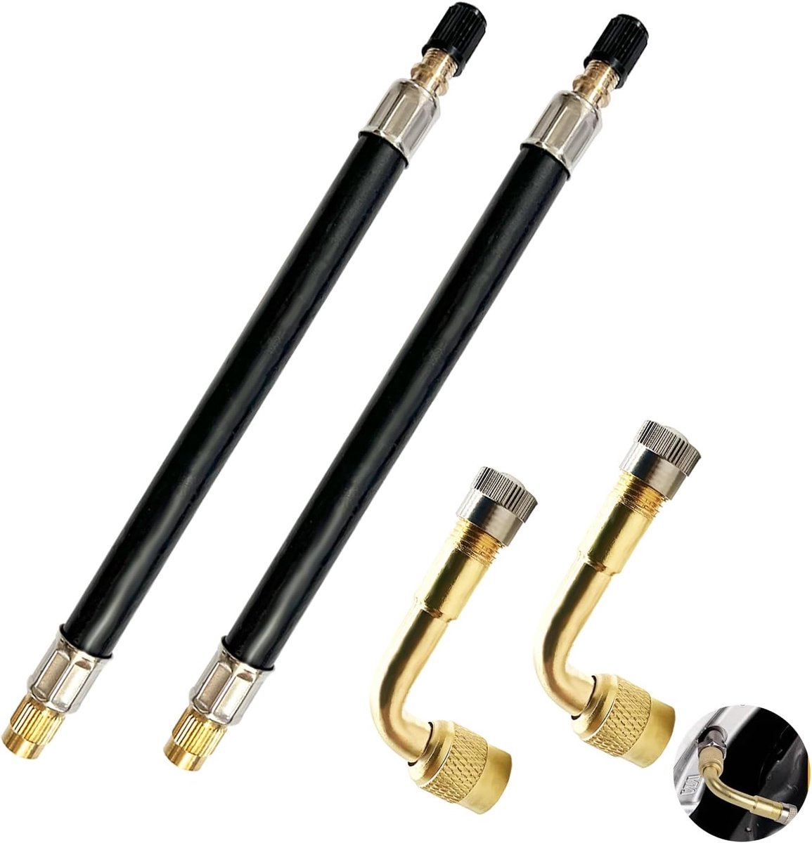 SnelShoppen - 4-delige set ventielverlengstukken voor autobanden, 90° gebogen en 180 mm flexibele rubberen ventielslang, ventieladapter voor motorfiet