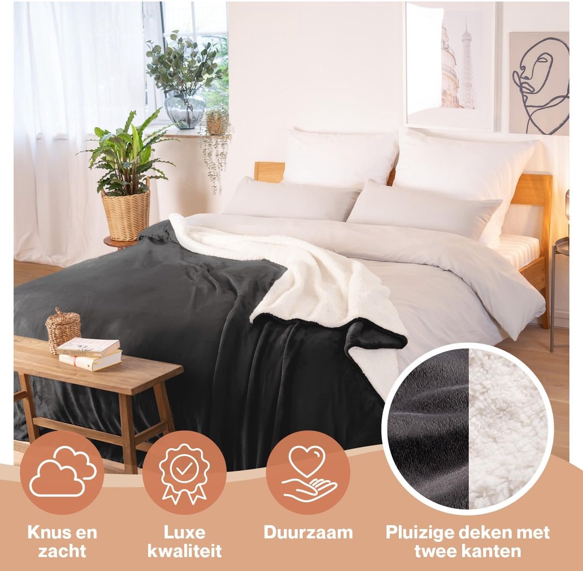 SnelShoppen - Fluffy Sherpa Dekentje - Hoogwaardige Fleece Dekbed, Super Zacht en Warm, 220 x 240 cm, Antraciet, Perfect voor Bank, Bed of Buitengebru