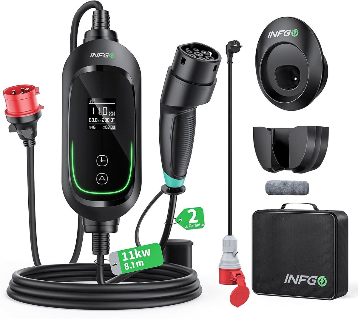 SnelShoppen - Mobile Wallbox 11kW 3-Fase EV Lader met Type 2 Kabel, 8.1m, Aanpasbare Laadkracht 6-16A, Zwart, Ideaal voor Model Y/3, ID.3, i4, EQB, E-