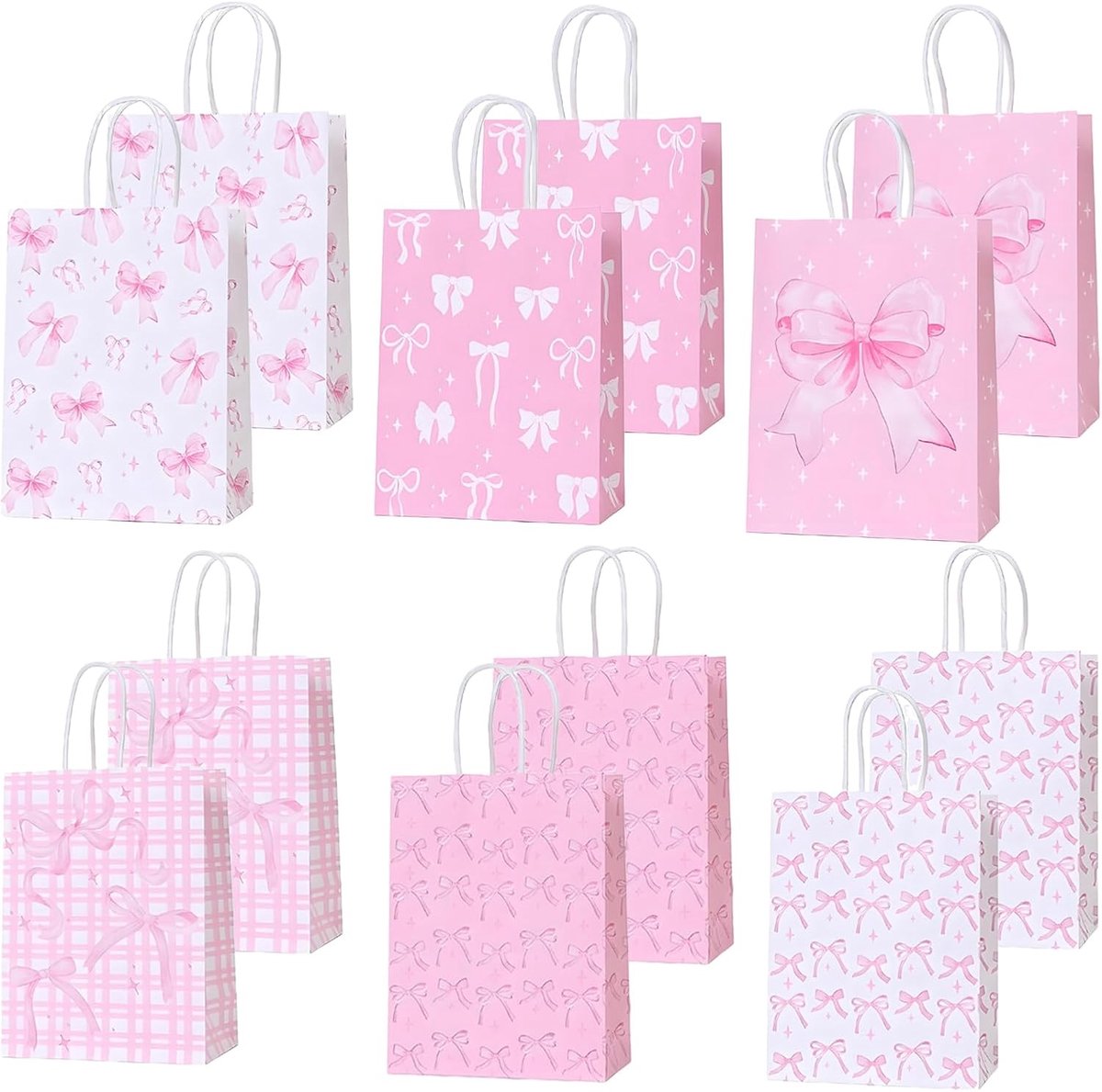 SnelShoppen - 12 stuks Kraftpapieren Cadeauzakjes met Handvat, 21 x 15 x 8 cm, Roze Strikpatroon, Perfect voor Feestjes, Verjaardagen en Goodie Bags