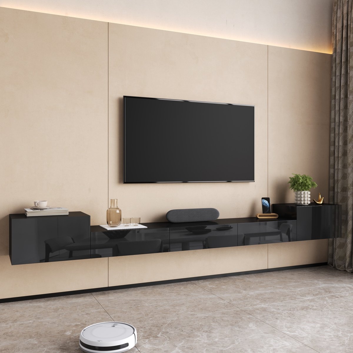 Pugsdrly TV-lowboard, TV-kast, aan de muur te bevestigen TV-kast met hoogglansdeuren, meerkleurige LED-verlichting bedienbaar via app, gesloten TV-kast, modern opbergmeubel voor in de woonkamer