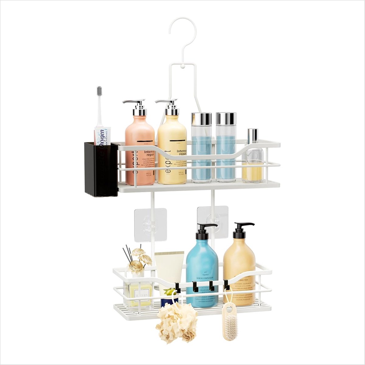SnelShoppen - HapiRm Douche Caddy Hangende Organizer - 2 Laags Badkamer Caddy met 360° Draaihaak en 4 Haken, Wit Roestvrij Staal Doucheplank voor Sham