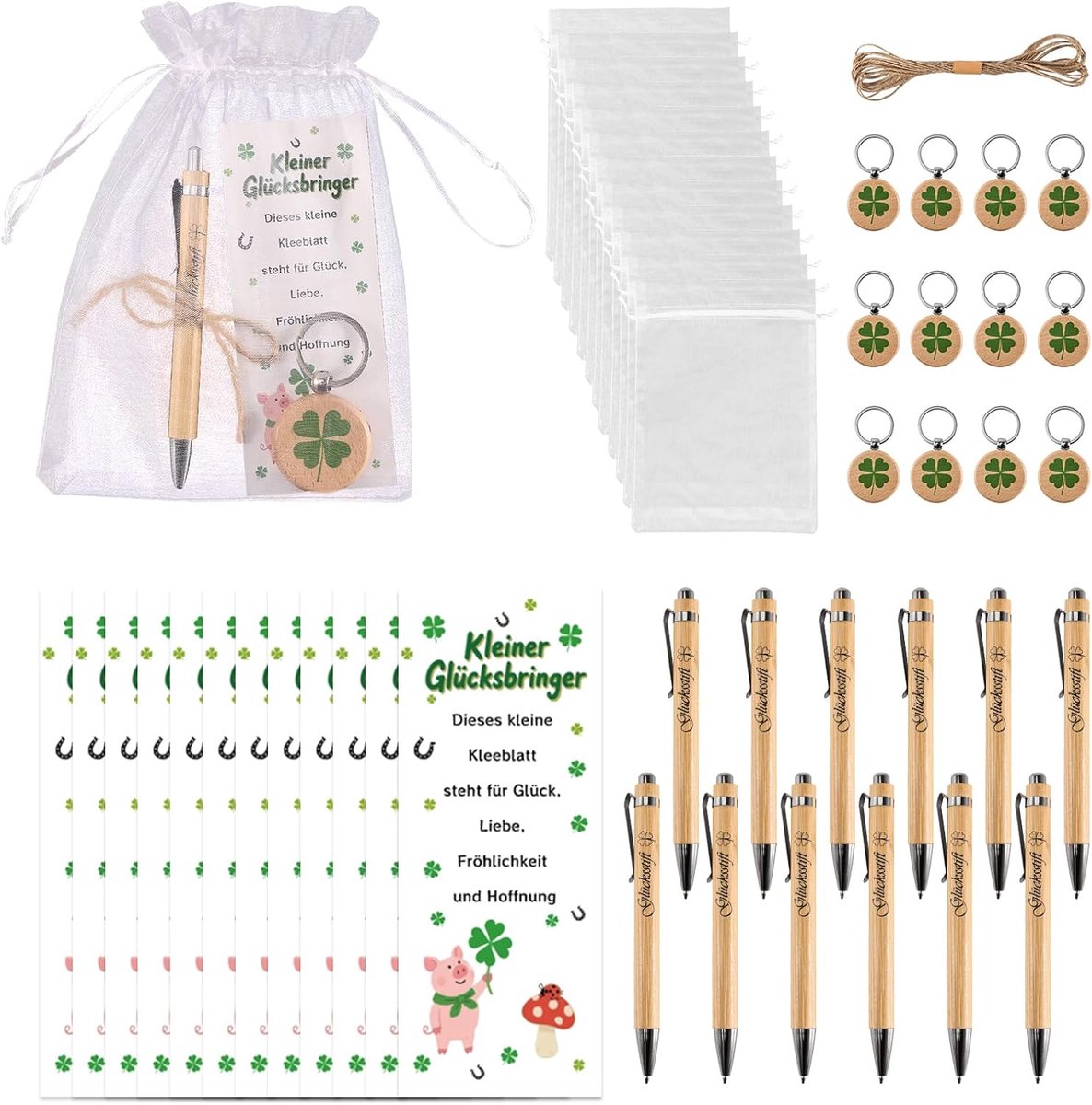 SnelShoppen - Lucky Pen Gift Set 12 Stuks - Houten Balpen, Sleutelhanger, Boekmark, Organza Zakjes - Bedankjes, Verjaardagscadeau, Collega, Docenten,