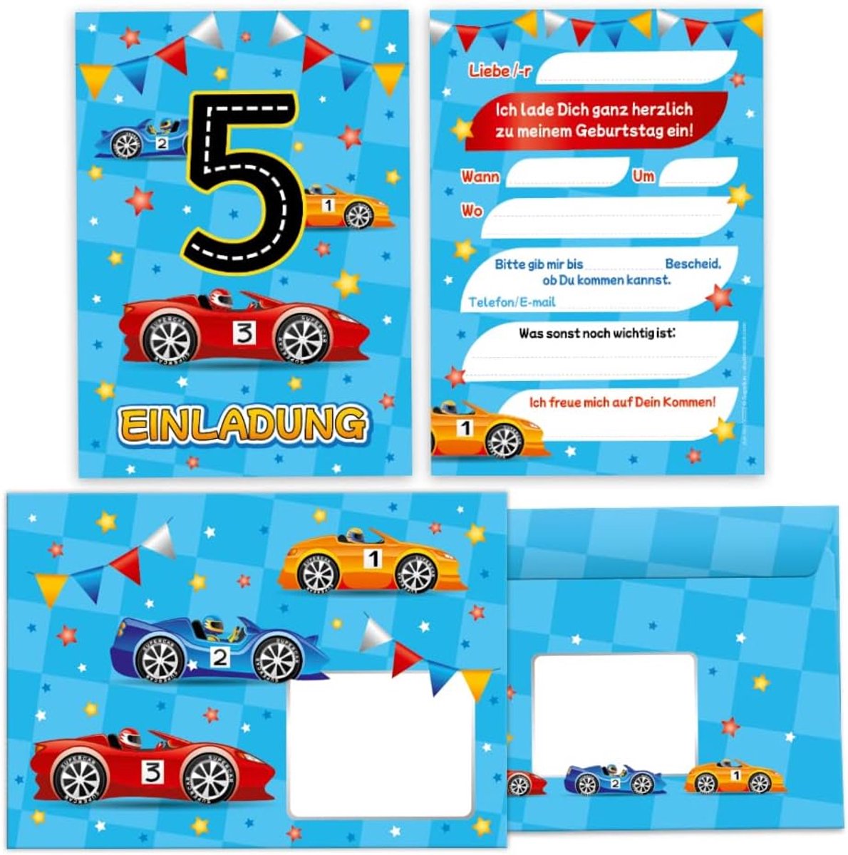 SnelShoppen - 12 Uitnodigingskaarten voor 5e Verjaardag Jongens - Raceauto Thema - Inclusief 12 Enveloppen - 300 g/m² Foto Print - Zelfklevend - Kinde