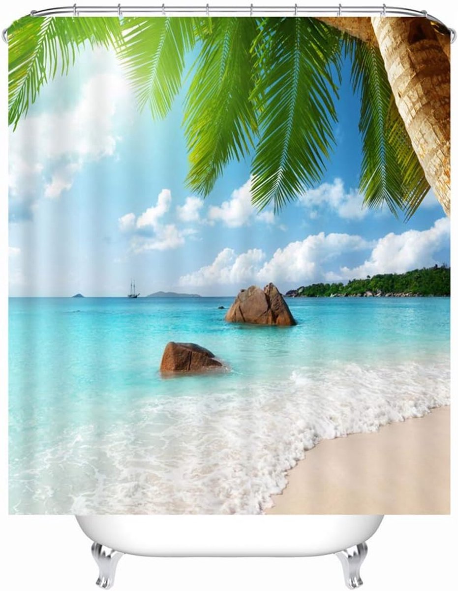 SnelShoppen - Waterdichte Douchgordijn met Strandmotief 240x200cm | Antimould & Antibacterieel | Inclusief 12 Ringen | Polyester, Wasbaar, Sneldrogend
