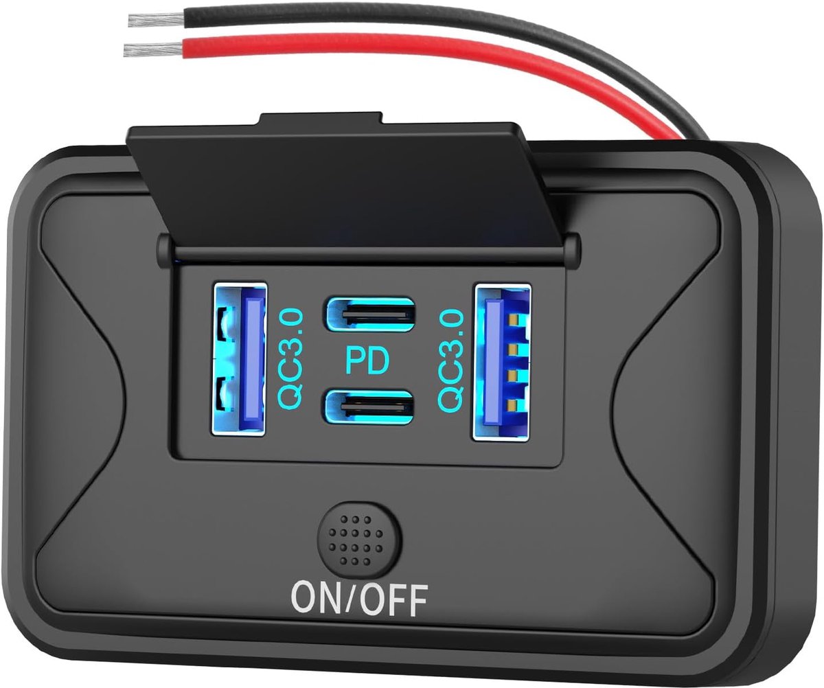 SnelShoppen - 78W 4 Poort 12V USB Wandmontage Stopcontact met Dual 36W PD en Dual 18W QC3.0 voor Bus RV Truck - Lichtgewicht Oppervlakte Montage Panee